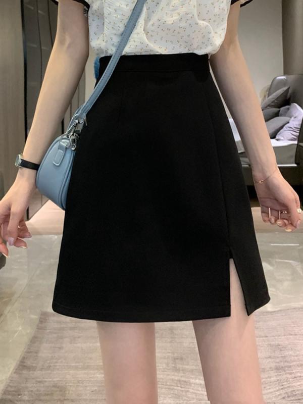 Aラインミニスカート レディース ブラック 秋冬 ハイウエスト タイト スリット 裏地付き 体型カバー 細見え 小柄向け オフィス カジュアル スーツ生地