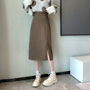 スカート レディース ハイウエスト タイトスカート ミディ丈 秋冬 着痩せ スタイルアップ 小柄 低身長向け ブラウン 無地 オフィス 通勤 フェミニン 上品