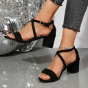 サンダル レディース 春夏 5cm ミドルヒール エレガント フェミニン トレンド オープントゥ ワンストラップ スエード調 ブラック 黒 ローマ グラディエーター 大きいサイズ スカートコーデ