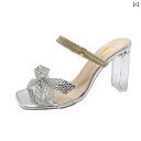 サンダル レディース 春夏 蝶結び ワンストラップ クリスタル 太ヒール フェアリースタイル 2WAY ハイヒール ミュール スクエアトゥ PU素材 ゴム底 シルバー シャンパンカラー