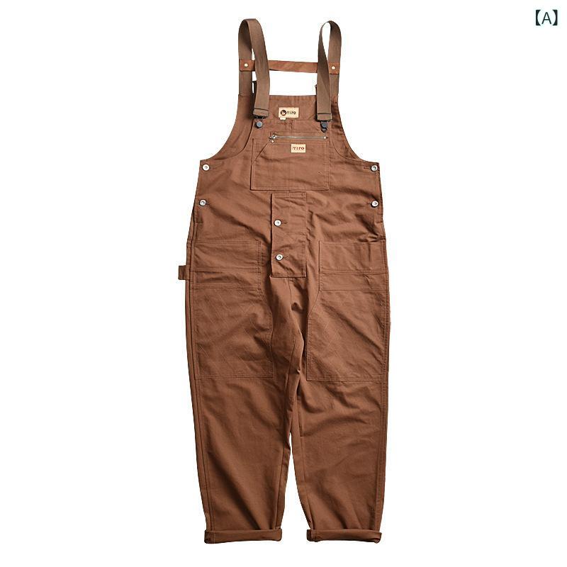 オーバーオール メンズ アメカジ ストリート ワーク カジュアル 多ポケット ルーズフィット ハイウエスト 綿混 ストレート ロングパンツ 耐久性 シワになりにくい ブラウン ブラック カーキ