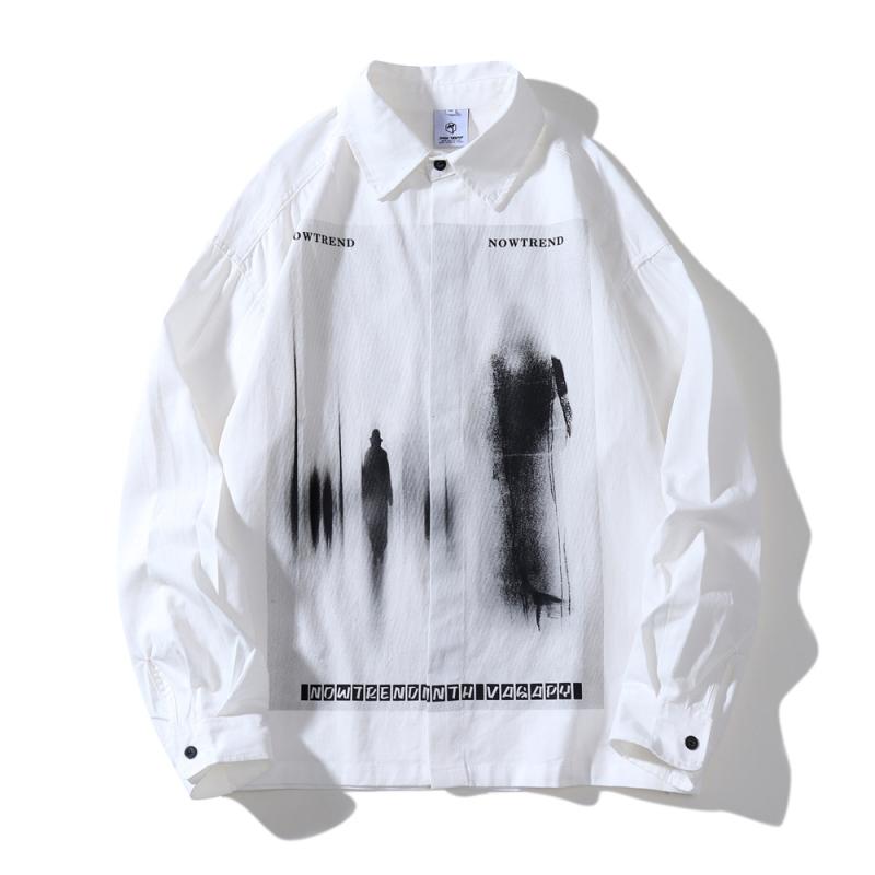 シャツ メンズ ダークゴシック パンクスタイル 人影アートプリント 長袖 春秋 ルーズフィット ビッグシルエット レギュラーカラー ウォ..