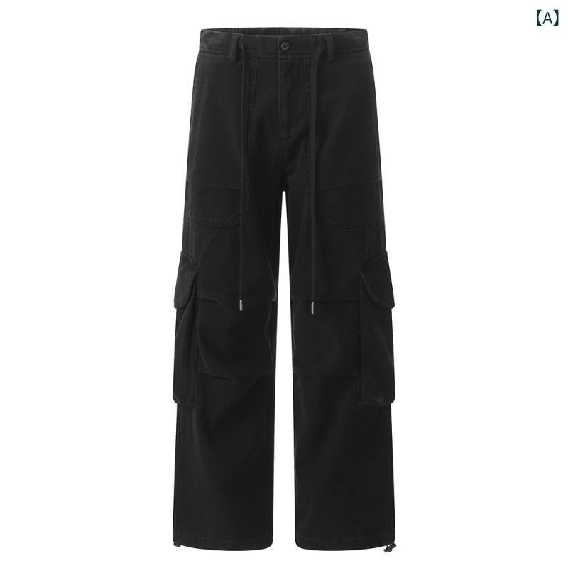 パンツ メンズ 男性用 ウォッシュ加工 ワーク ストレート 膝タック ワイド ゆったり デニム カジュアル 普段使い ストリート 性 綿 コットン 耐磨耗性 黒 ブラック カーキ ミドルウエスト