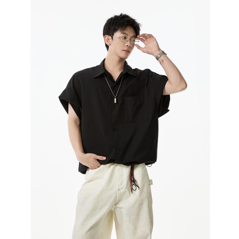 シャツ メンズ 半袖 黒 ブラック ドローストリング ゆったり オーバーサイズ 薄手 軽量 シェニール素材 伸縮性 カジュアル アメカジ 襟付き トップス 羽織り 春夏