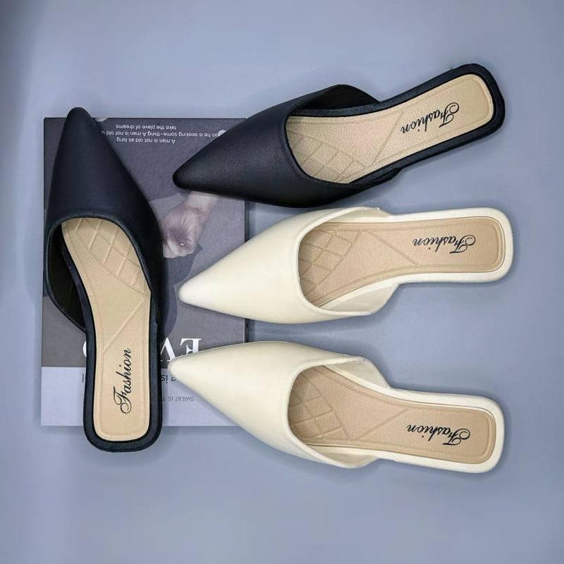 Rakuten - ミュール レディース ポインテッドトゥ フラットソール ぺたんこ ローヒール PVC素材 カジュアル 通勤 オフィス 春夏 サンダル ベージュ ブラック