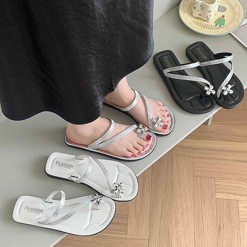 サンダル レディース トゥリング ラインストーン フラットソール ソフトソール PVC素材 柔らかな履き心..