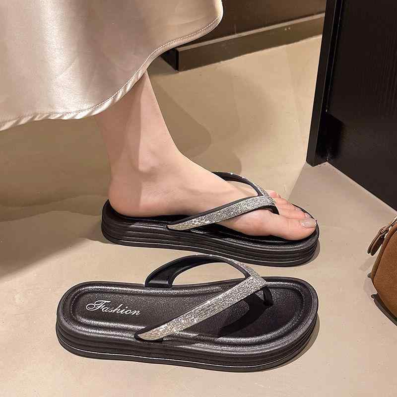 サンダル レディース ラインストーン パール トングサンダル 厚底 プラットフォーム ビーチ 夏 外履き 滑り止め PVC素材 おしゃれ 通勤 カジュアル