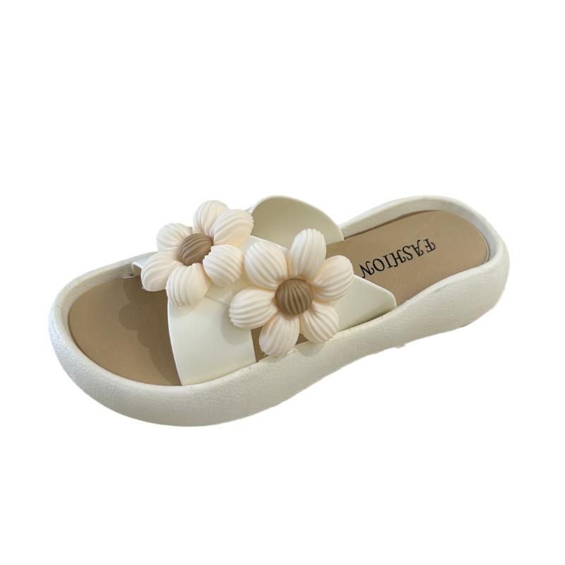 サンダル レディース 女性用 花柄 フラワーモチーフ 個性的 厚底 プラットフォーム 身長アップ スタイルアップ 外履き 普段使い 万能 合わせやすい 春夏 韓国ファッション PVC 一字型