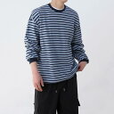 Tシャツ メンズ レトロ ストライプ 長袖 綿 クルーネック ゆったり ドロップショルダー カジュアル 秋 トップス 韓国 トレンド 着回し 通気性 ブルーストライプ