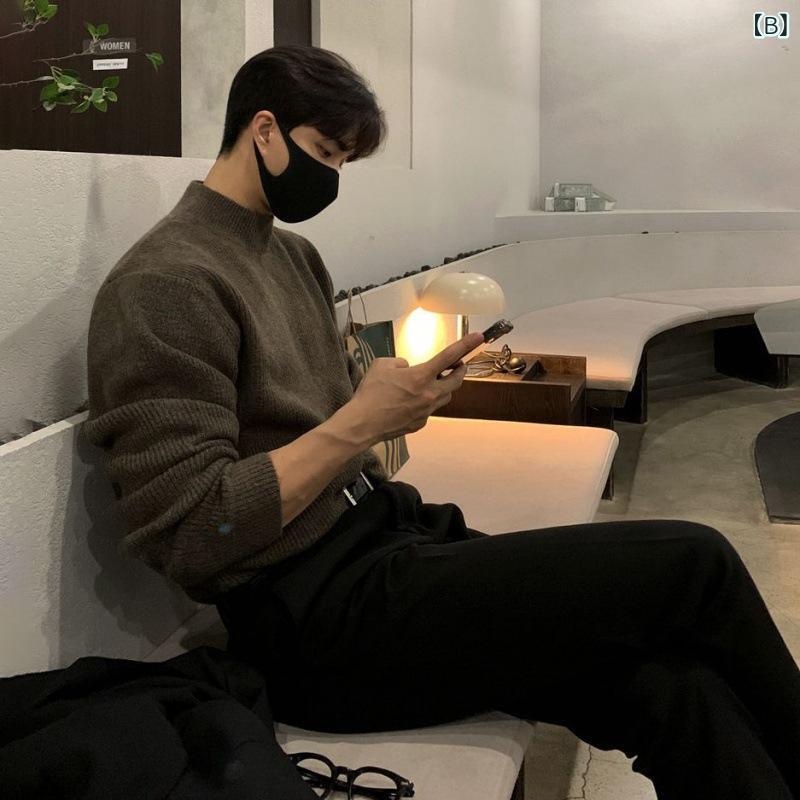 ニット メンズ 秋冬 ハーフネック モックネック セーター 無地 ゆったり ルーズフィット 保温 インナー トップス 韓国 アクリル