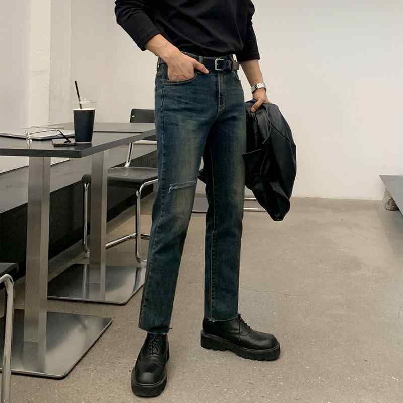 デニムパンツ ジーンズ メンズ 春秋 九分丈 アンクル丈 ダメージ加工 スリムストレート テーパード レトロ カジュアル 綿素材 微ストレッチ 普段使い ダークブルー