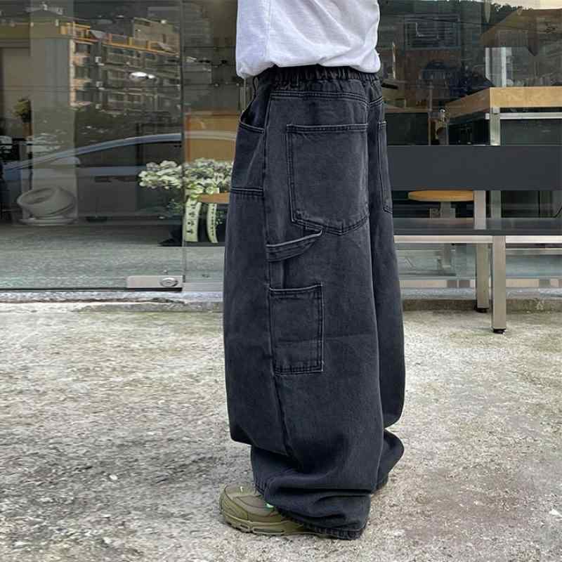 デニムパンツ メンズ レトロ 韓国 ワイド ストレート ロング丈 ゆったり ルーズ 体型カバー 裏起毛 ウォッシュ加工 ストレッチ 伸縮性 綿 コットン ミドルウエスト 大きいサイズ ビッグサイズ ボトムス