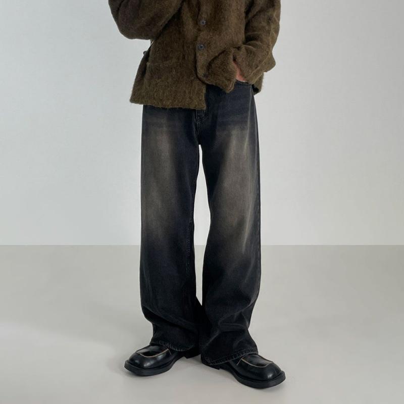 デニムパンツ メンズ 男性用 レトロ ウォッシュ加工 ドレープ感 落ち感 裏起毛 厚手 秋冬 韓国 ゆったり ルーズ ワイド ストレート 黒 ブラック ジーンズ 大きいサイズ ビッグサイズ カジュアル 普段使い