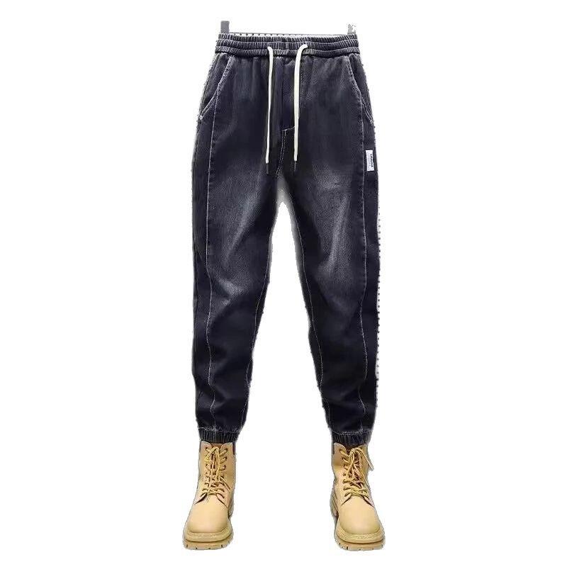 デニムパンツ メンズ 男性用 ゆったり ルーズフィット ワイドシルエット ジョガーパンツ 裾絞り サルエル テーパード 水洗い加工 ストレッチ 中腰 コットン 綿 カジュアル 普段使い 春秋 グレー ブラック ブルー系