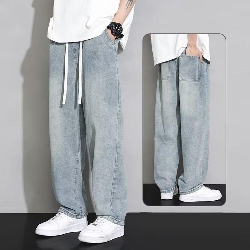 デニムパンツ メンズ ストレート ゆったり ウエストゴム ドローストリング ロングパンツ 綿 コットン ウォッシュ加工 ストレッチ イージーケア ミッドライズ 大きいサイズ カジュアル 普段使い 春夏秋