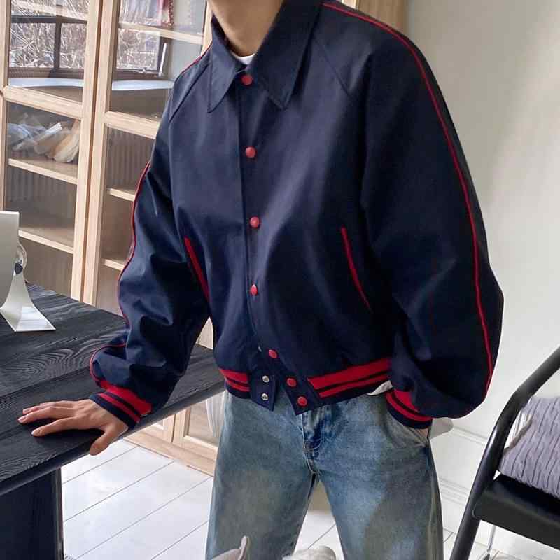 ジャケット メンズ ショート丈 スタジャン 襟付き ゆったり 切り替え 厚手 高級感 韓国ファッション カジュアル 秋冬アウター ブルー