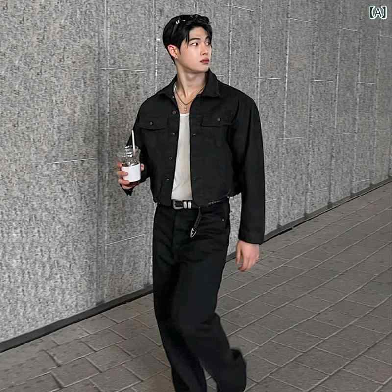 ジャケット メンズ ショート丈 Gジャン ワークジャケット 秋物 韓国 ストリート系 カジュアル 普段使い オーバーサイズ 綿混 長袖 ドロップショルダー ブラック