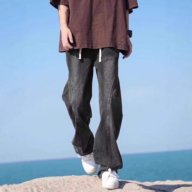 デニムパンツ メンズ ストリート系 レトロ ウォッシュ加工 切り替え コットン 微ストレッチ ゆったり ワイドストレート カジュアル 普段使い