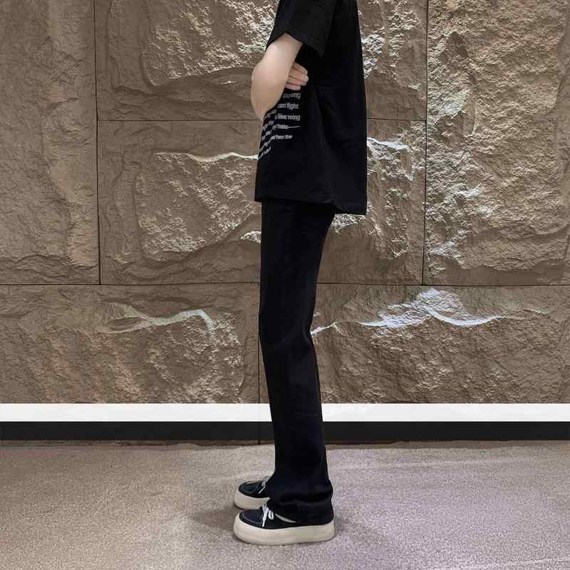 デニムパンツ メンズ ブラック スリムフィット カーブシルエット 微フレア ウォッシュ加工 コットン ミドルウエスト ノンストレッチ カジュアルストリート 普段使い