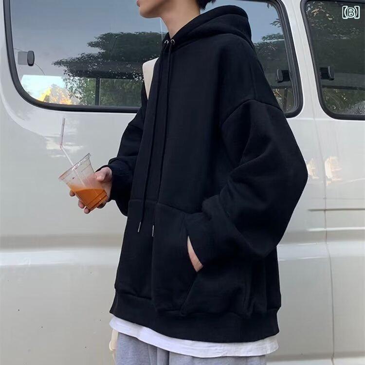 パーカー 男女兼用 ユニセックス カップル ペアルック ストリート カジュアル 韓国 ルーズフィット オーバーサイズ ゆったり 無地 裏起毛 長袖 フーディー スウェット トレーナー トップス アウター 秋冬 ポリエステル シワになりにくい