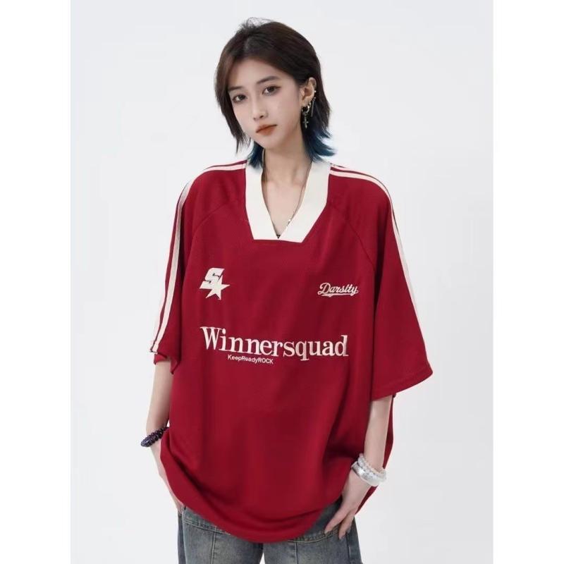 Tシャツ メンズ 男性用 アメカジ ストリート スポーツカジュアル オーバーサイズ ビッグシルエット Vネック 半袖 トップス ゆったり ルーズフィット ポリエステル 薄手 春夏 ブラック レッド