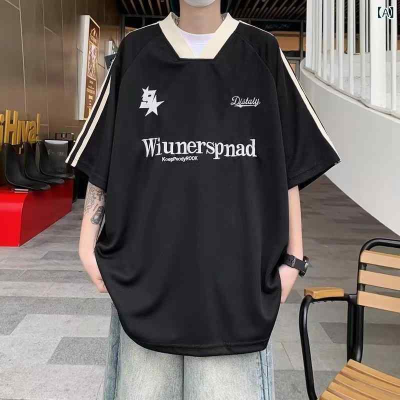 Tシャツ メンズ 男性用 アメカジ ストリート スポーツカジュアル オーバーサイズ ビッグシルエット Vネック 半袖 トップス ゆったり ルーズフィット ポリエステル 薄手 春夏 ブラック レッド