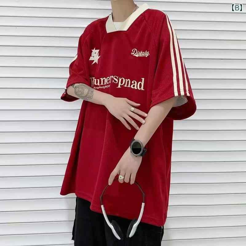 Tシャツ メンズ 男性用 アメカジ ストリート スポーツカジュアル オーバーサイズ ビッグシルエット Vネック 半袖 トップス ゆったり ルーズフィット ポリエステル 薄手 春夏 ブラック レッド