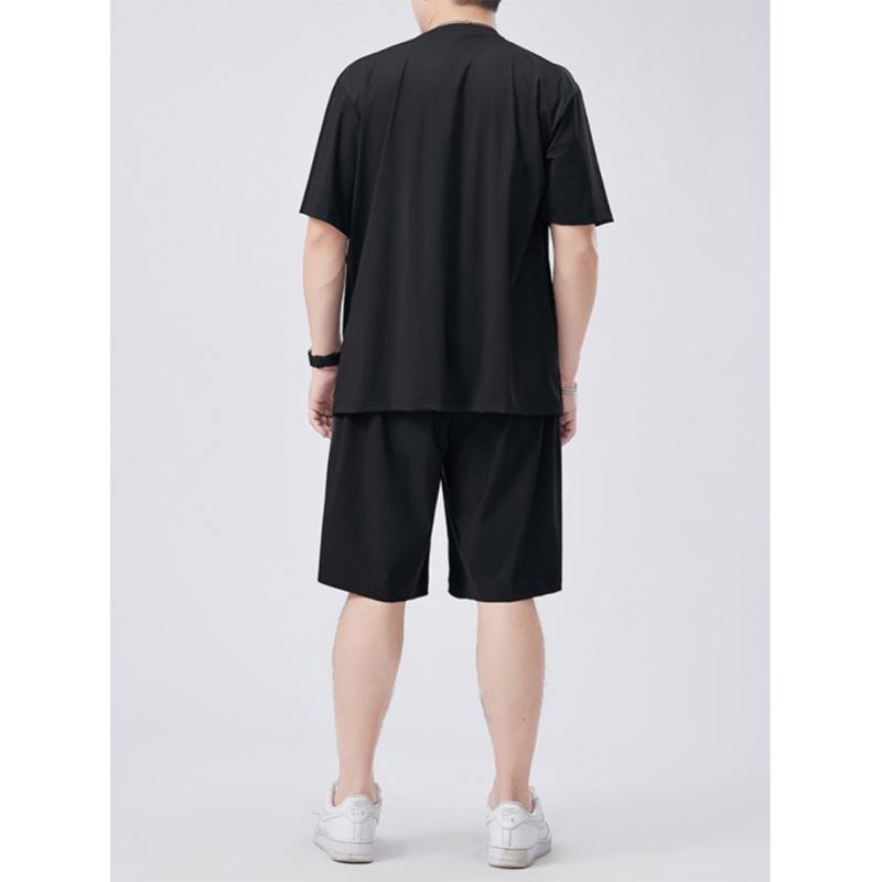 セットアップ メンズ 男性用 大きいサイズ ゆったり ルーズフィット 半袖 Tシャツ ショートパンツ 接触冷感 吸汗速乾 ロゴプリント カジュアル スポーツ トレーニングウェア 部屋着 普段使い ポリエステル 夏 黒