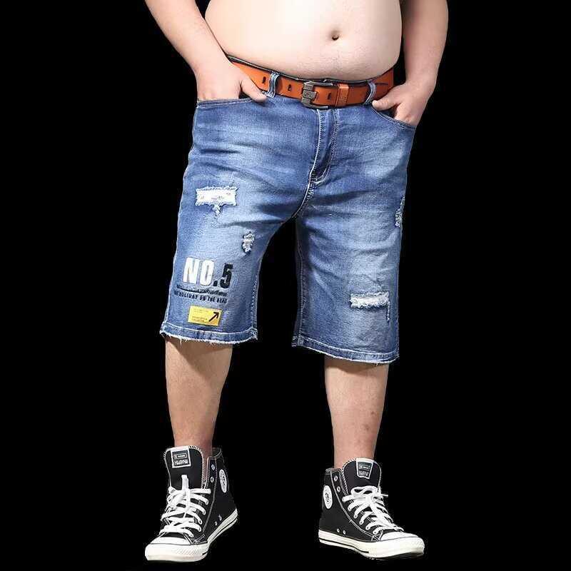 デニムハーフパンツ メンズ 男性用 大きいサイズ 五分丈 ゆったり ストレート ダメージ加工 トレンド 綿 ストレッチ 薄手 夏季 カジュアル ブルー(4)