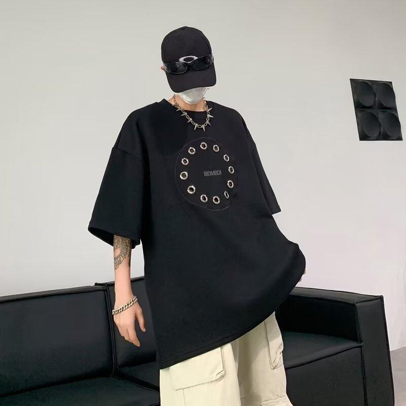 Tシャツ メンズ カットソー アメカジ アメリカンカジュアル レトロ 個性的 高級感 メタルリング 円環 クルーネック 半袖 ルーズフィット ビッグシルエット オーバーサイズ ストリート系 ポリエステル 夏 普段使い ブラック