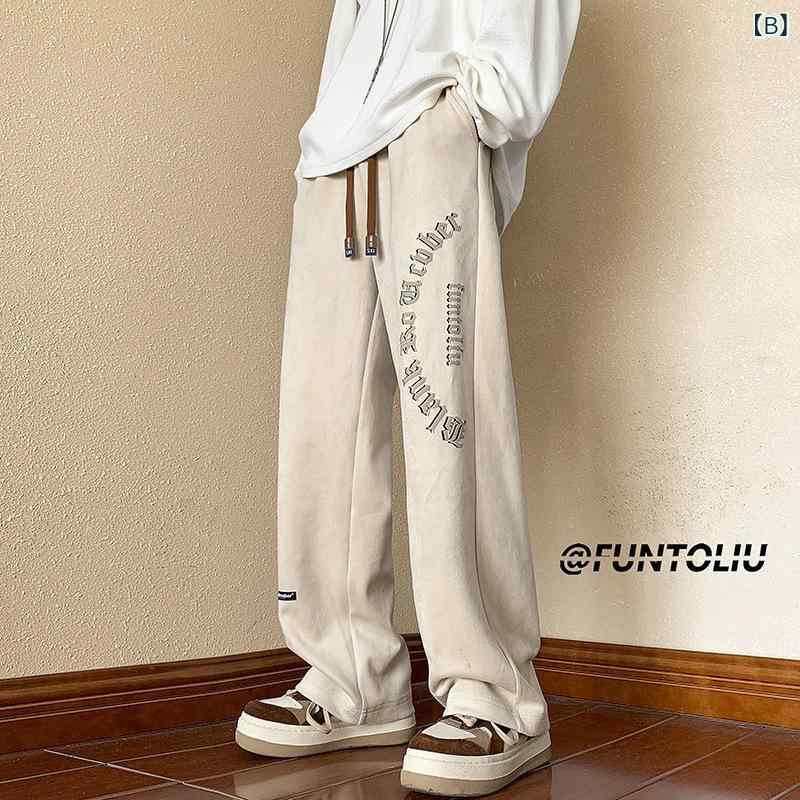 スウェットパンツ メンズ アメリカンレトロ フェイクスエード ストレートシルエット ドレープ感 微ストレッチ ポリエステル混紡 スポーツ リラックス ボトムス 春秋 ブラック カーキ 普段使い ルームウェア