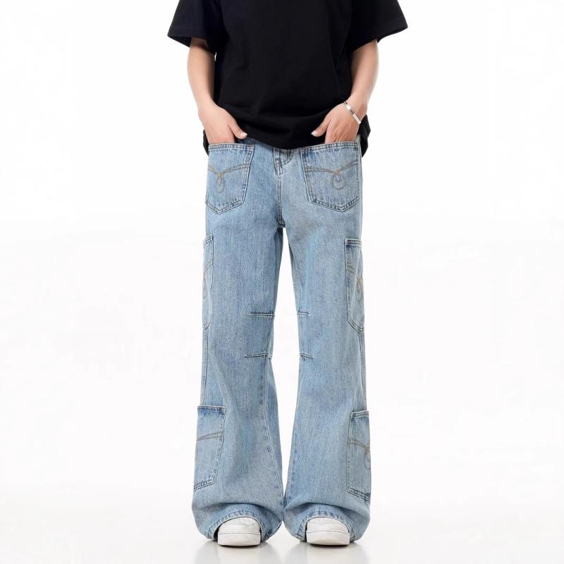 デニムパンツ メンズ アメカジ ルーズストレート マルチポケット ワークパンツ ウォッシュ加工 ドレープ感 コットン カジュアル ファッション ストリート ゆったり ノンストレッチ オールシーズン対応 性