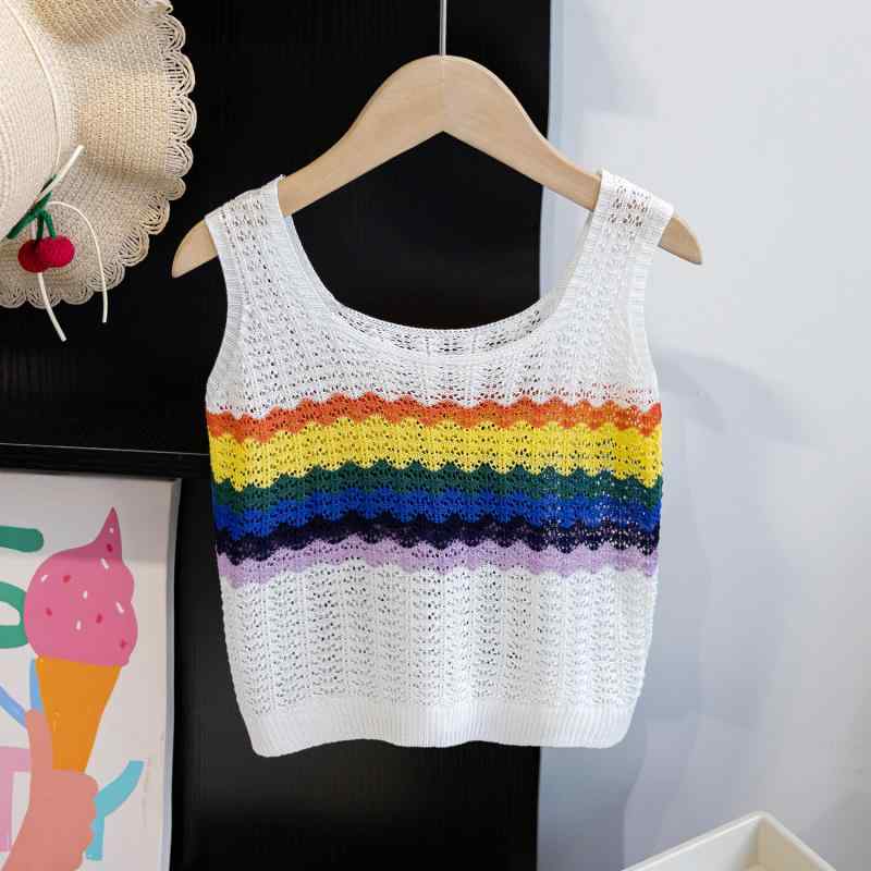 ニットキャミソール 女の子 キッズ 子供服 虹ボーダー 透かし編み ショート丈 ベスト タンクトップ 韓..