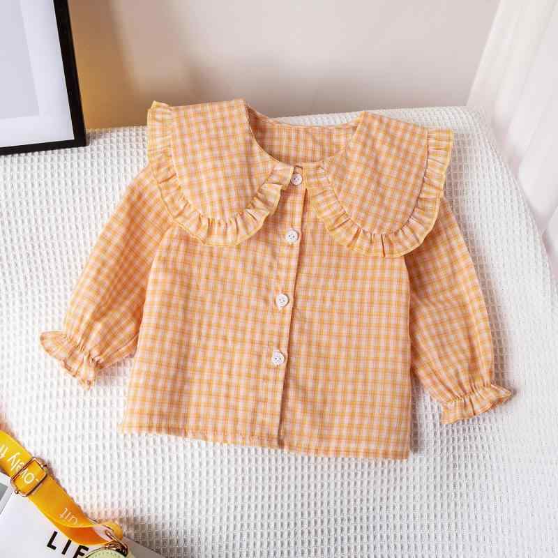ブラウス 女の子 ベビー キッズ 春秋 韓国ファッション おしゃれ かわいい チェック柄 ビッグカラー 長袖 綿 コットン 柔らかい 通園 通学 普段使い オレンジ イエロー