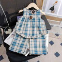 子供 セットアップ 女の子 ノースリーブ Tシャツ カットソー 綿 コットン チェック柄 七分丈 パンツ ズボン 上下セット カジュアル おしゃれ かわいい 春...
