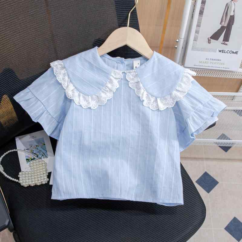 ブラウス 女の子 キッズ ドールカラー 丸襟 フリル レース 七分袖 綿 薄手 吸湿速乾 柔らか 春夏 お出..