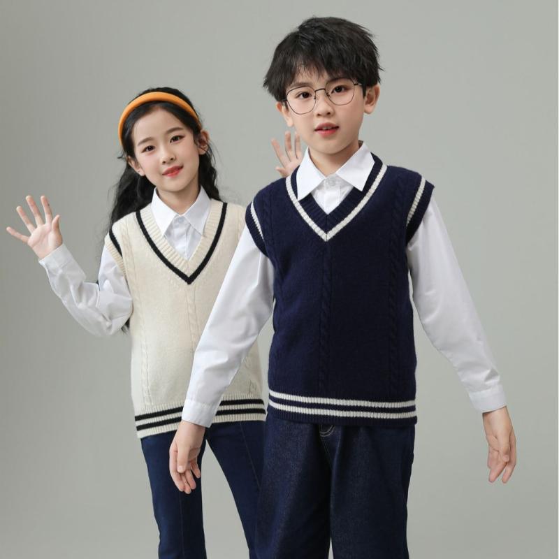V-Neck - ベスト キッズ 子供用 ウール 厚手 Vネック 切り替え ジャガード スクール風 ノースリーブ シンプル カジュアル 男女兼用 秋冬 紺 ピンク オフホワイト