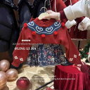 子供服 女の子 ガールズ 中国風 伝統衣装 ニット セーター 馬面スカート 厚手 裏起毛 花柄 ウール素材 長袖 上下セット 秋冬 お正月 イベント レッド