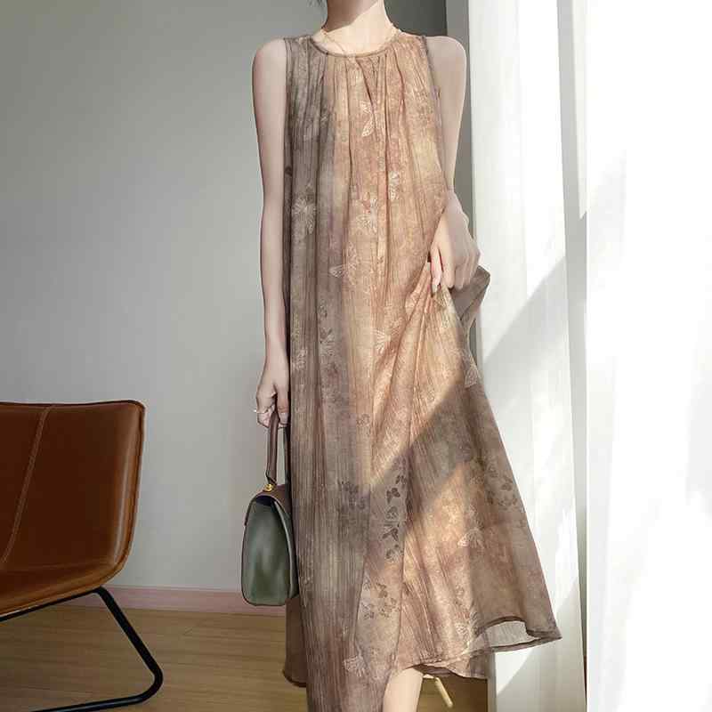 ワンピース レディース 春夏 ラウンドネック ノースリーブ プリーツ プリント アニマル柄 エレガント ゆったり レトロ ロング丈 マキシ丈 Aライン フレア 体型カバー ポリエステル 通勤 お出かけ 上品