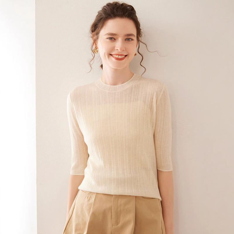 Crew Neck - ニット レディース 五分袖 トップス カットソー 精紡アクリル クルーネック 薄手 軽量 スリムフィット 無地 肌に優しい 快適 ベーシック 普段使い レイヤード 春夏