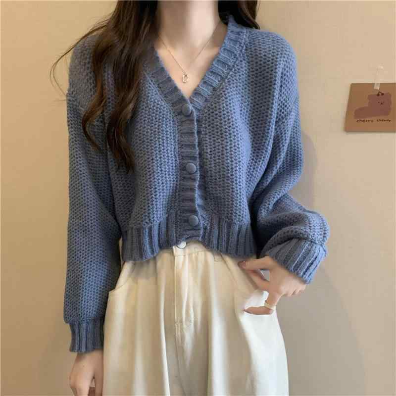 V-Neck - カーディガン レディース 秋冬 ショート丈 ニット トップス Vネック 長袖 ゆったり ルーズ ポリエステル 柔らかな肌触り フェミニン 着回し デイリー