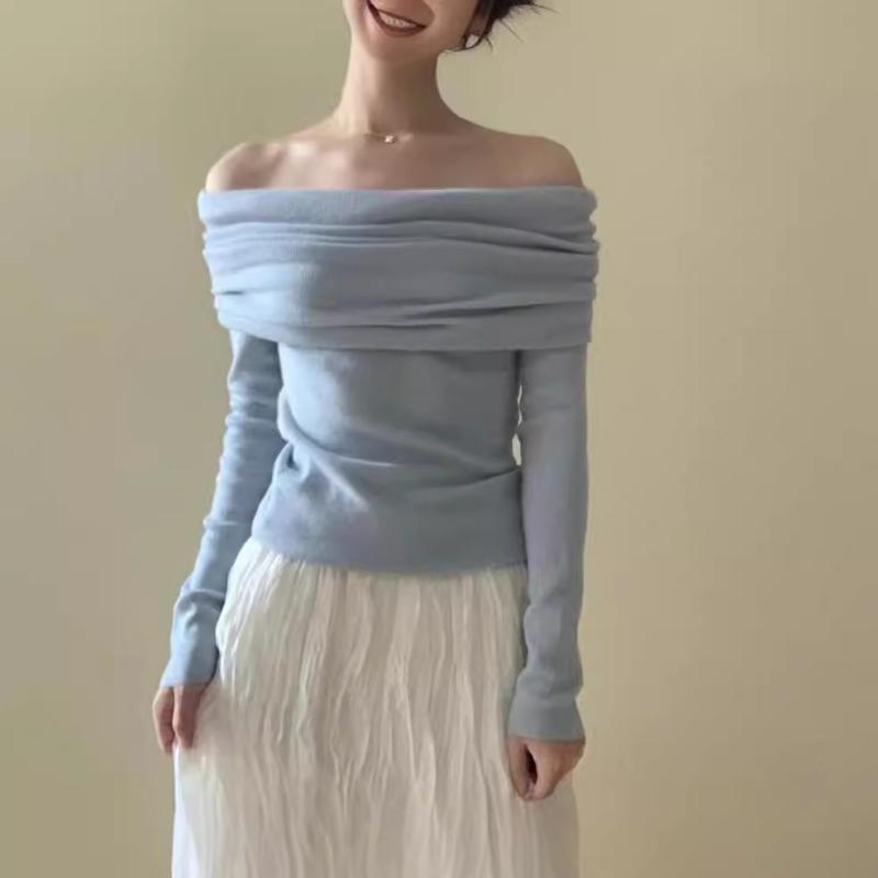 ニット レディース オフショルダー 長袖 トップス インナー レーヨン混 スリムフィット 無地 プルオーバー 春秋 フレンチ エレガント 純欲系 きれいめ 細見え