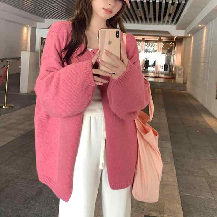 カーディガン レディース 秋冬 ゆったり オーバーサイズ 一粒ボタン ラウンドネック 長袖 韓国 フェミ..