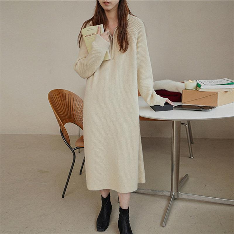 Turtleneck - ワンピース レディース ハイネック ジップアップ プルオーバー ロング丈 膝下丈 無地 秋冬 高級感 上品 きれいめ オフィス 通勤 普段使い ストレートシルエット ゆったり アクリルニット