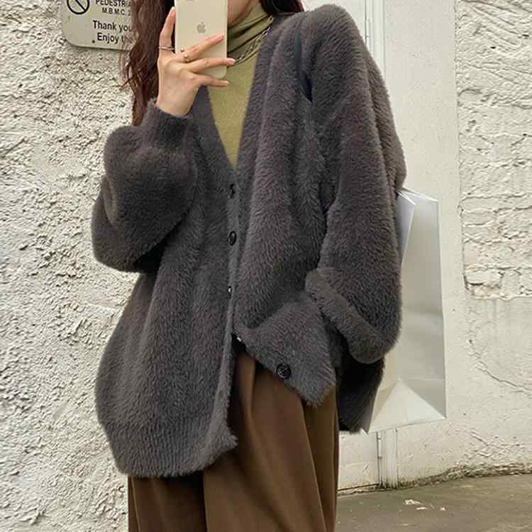 V-Neck - カーディガン レディース 秋冬 フェイクミンクファー ニット Vネック 長袖 ゆったり リラックス シンプル 上品 高見え 韓国ファッション 羽織り ポリエステル カジュアル