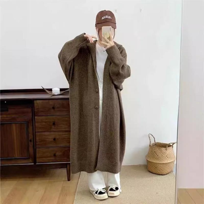 ニット カーディガン レディース 大きいサイズ ゆったり 韓国 カジュアル シンプル 着回し ミドル丈 フード付き アウター 厚手 暖かい 長袖 無地 もちもち 秋冬