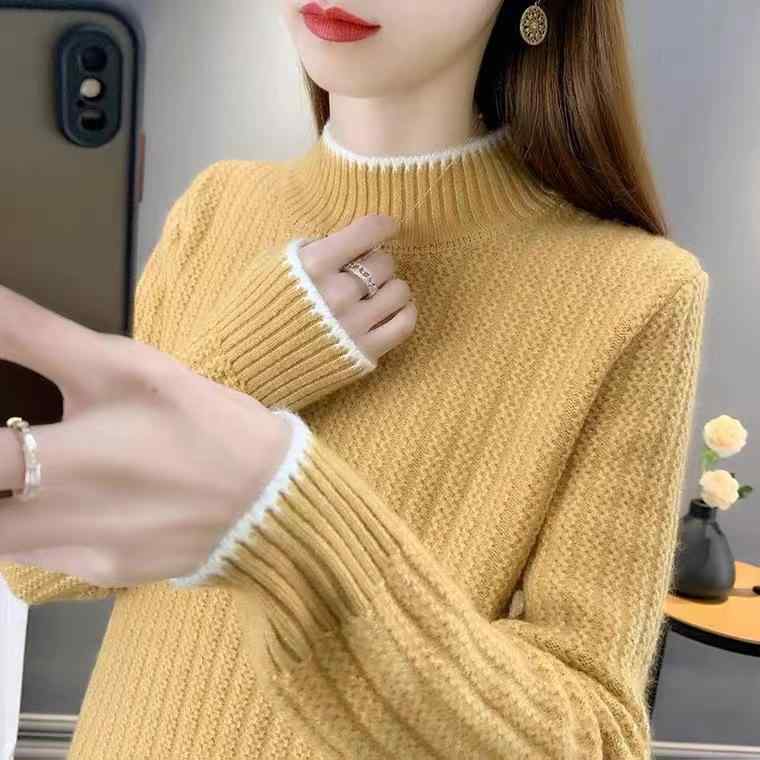 Turtleneck - ニット レディース 秋冬 ゆったり プルオーバー 長袖 ハイネック 配 切り替え アクリル素材 中厚手 レトロ カジュアル インナー セーター トップス 暖か