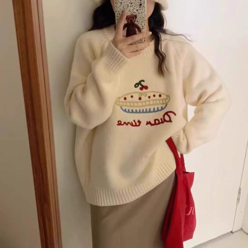 Crew Neck - ニット レディース 韓国 ラウンドネック 丸首 手刺繍 プルオーバー ゆったり オーバーサイズ 柔らかな肌触り ウールアクリル混紡 セーター 長袖 トップス デイリーカジュアル 秋冬 オフホワイト ローズピンク