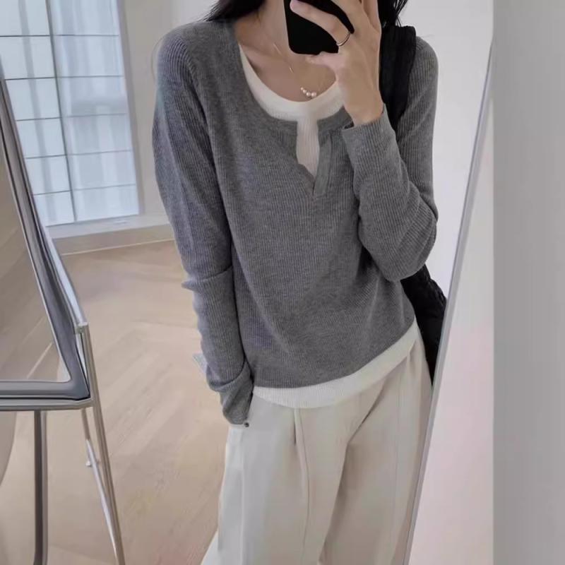 Crew Neck - ニット セーター レディース 春秋 韓国 ルーズ 性 配色 フェイクレイヤード 重ね着風 長袖 プルオーバー ラウンドネック 中厚手 カジュアル 普段使い 着痩せ スタイルアップ トップス