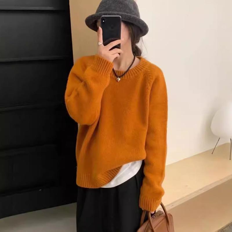 Crew Neck - ニット レディース 韓国 おしゃれ 上品 ゆったり クルーネック プルオーバー 細見え 体型カバー インナー使い 一枚着 秋冬 アクリル トップス キャンディーカラー
